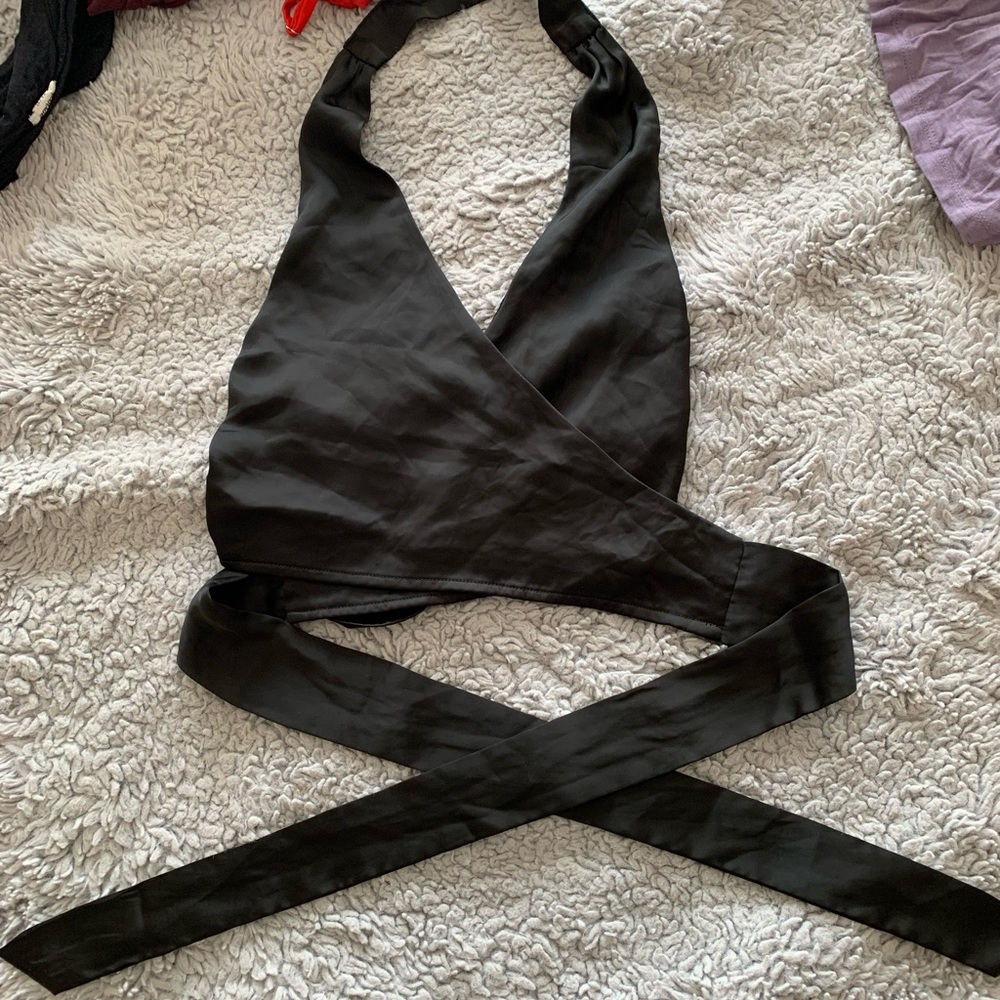 Black cross body halter top